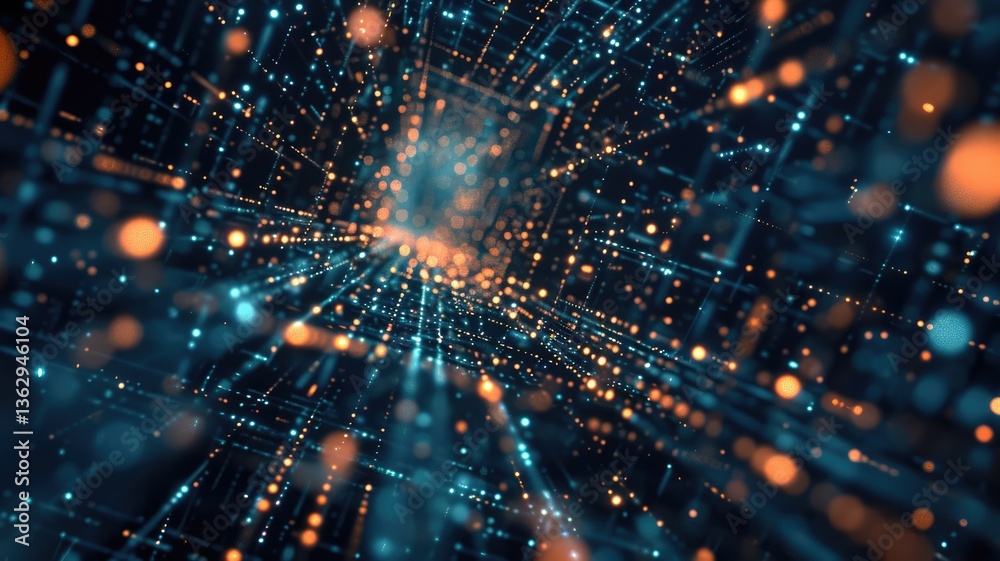 Poster explore a captivating abstract techy background filled with glowing light particles. this dynamic de