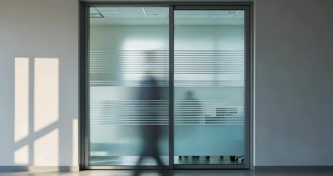 Aluminium sliding window in office. Office sliding glass window. Decorative glass film on office door. Closeup thick frosted glass film for decreased visibility.