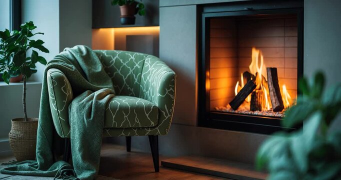 Chair beside a warm fireplace with a crackling fire.