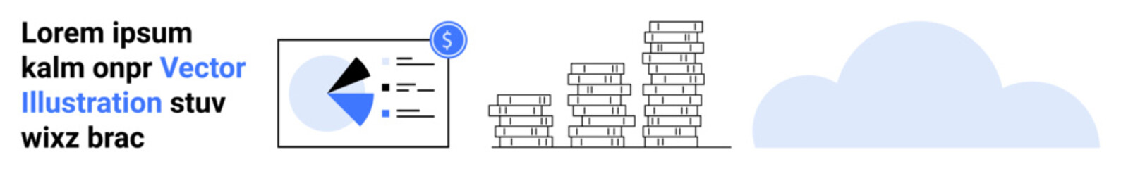 Presentation slide with pie chart, stacked coins symbolizing growth, and cloud graphic. Ideal for finance, analytics, data visualization, cloud storage, investment, business report simple landing