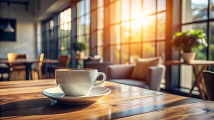 Fototapeta premium Warm Morning Sunlight Illuminates a Caf?'s Wooden Table with a Single Cup of Coffee