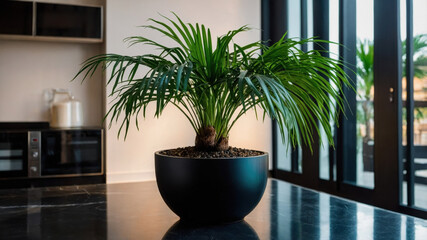 Vibrant Green Areca Palm in a Modern Black Pot Enhances Contemporary Kitchen