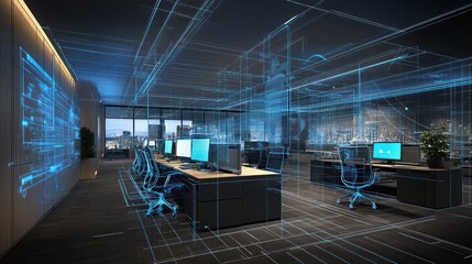 Modern office with digital overlay showing futuristic design.