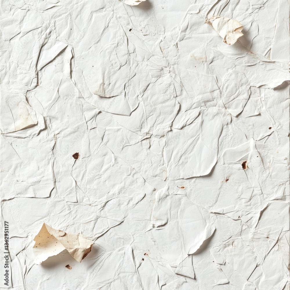 Poster crumpled white paper texture with torn edges and subtle shadows creating an abstract and vintage bac