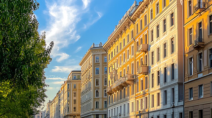 Fototapeta premium European city buildings bathed in golden light