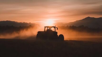 Fototapeta premium A tractor plowing through a vast farmland during sunset.