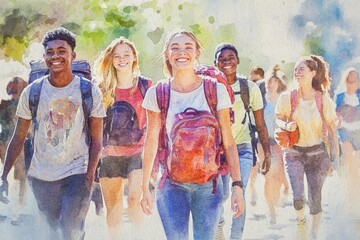 Obraz premium Watercolor Smiling Teenagers Hiking Adventure - Diverse group of smiling teenagers with backpacks, symbolizing friendship, adventure, exploration, youth, and teamwork