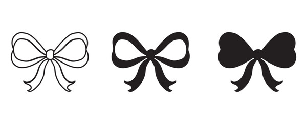 Hand drawn coquette ribbon bow doodle vector silhouette outline clipart on white background
