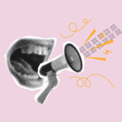 Screaming mouth and loudspeaker in hand with halftone style,vintage collage element,trendy retro magazine style