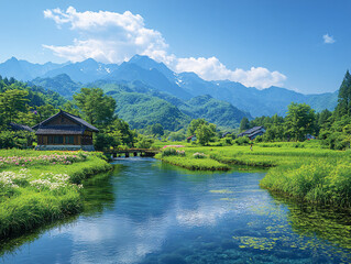 Fototapeta premium a serene landscape with a calm blue river flowing through lush green fields and mountains in the background. The sky is clear with a few scattered clouds, and the overall scene is vibrant and peaceful