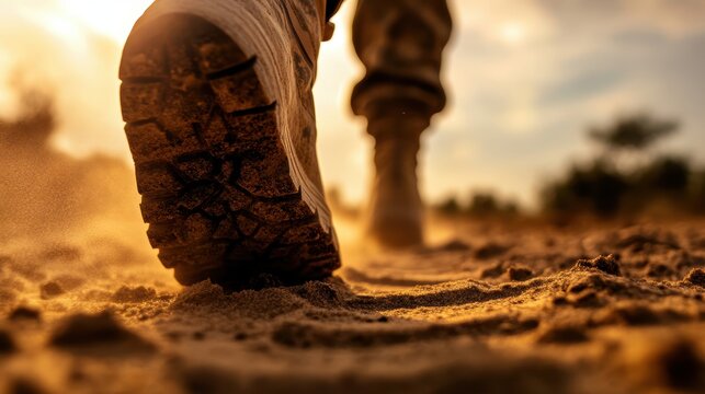 A hikers bootprints leaving a trail in the soft sand of a desert.