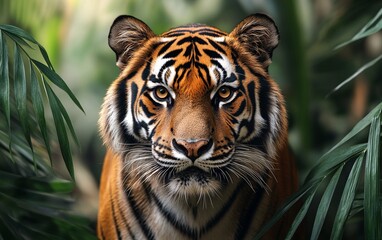 Fototapeta premium A majestic tiger stares intensely from the jungle depths, its orange and black stripes contrasting against the vibrant green foliage.