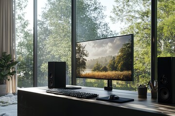 Fototapeta premium Modern Workspace Setup with Computer Monitor, Speakers, Keyboard & Forest View