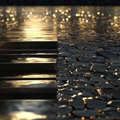 Obraz premium 3d render, abstract modern minimal background with black and gold cobblestones, reflection in the water. Showcase for black friday sale with empty platform for product displaying
