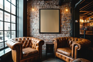 Two brown leather armchairs, brick wall, lights, and an empty black indoors