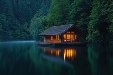 Fototapeta premium Lakeside Cabin Retreat Wooden House on Water, Forest Backdrop, Interior Lights Glow