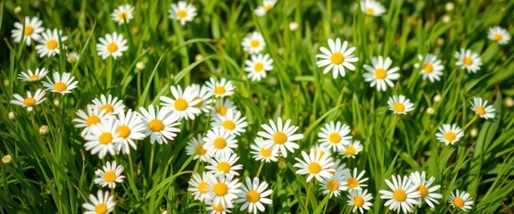 Fototapeta premium Delicate white daisies scattered amidst lush green grass on a bright white background, organic, peaceful, nature