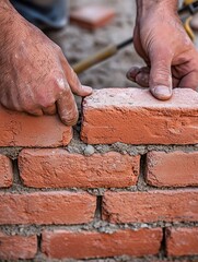 Hands Laying Red Bricks on Construction Site – Professional Stock Photography