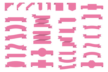 Collection of pink ribbons in various shapes and styles, perfect for banners, labels, and decorative elements.