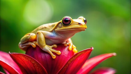 Naklejka premium A Vibrant Yellow Frog Perched on a Striking Crimson Bloom in a Lush Green Environment
