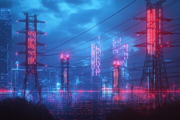 Cyberpunk Power Grid HighVoltage Towers, Glowing Cityscape, Futuristic Energy Lines