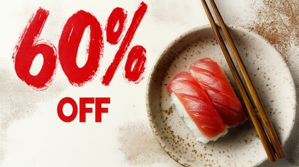 japanese sushi plate with 60% off red lettering and rustic background for discount promotion