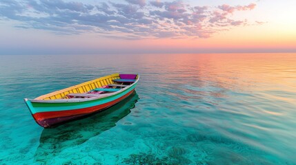 Naklejka premium Serene waterscape showcasing a vibrant boat drifting peacefully at dawn