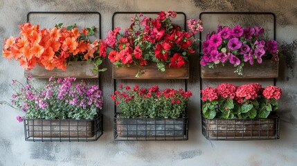 Fototapeta premium Vibrant flower wall planters in rustic wooden boxes & metal frames
