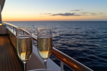 Obraz premium Two Champagne Flutes With Bubbles on Cruise Deck at Sunset Over Ocean Horizon View