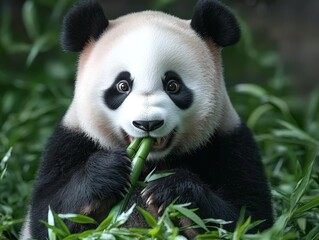 Naklejka premium Charming panda munching on bamboo shoots with glee amidst verdant foliage