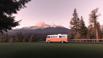 A road trip scene featuring a camper van parked near a scenic overlook with mountains in the background.
