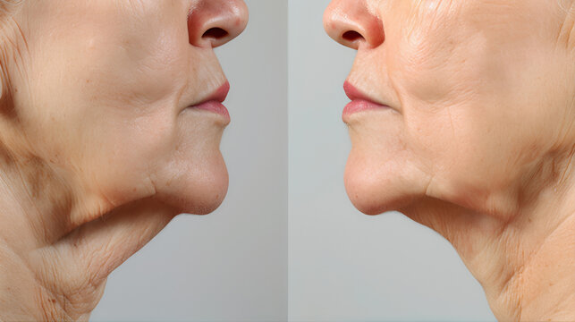 close-up of before and after comparison of mature woman's neck and lower face showing skin tightening and anti-aging results effect 