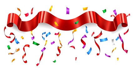 Naklejka premium Red ribbon confetti celebration banner.