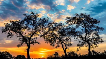 Fototapeta premium Brilliant hues of sunset painting the sky with darkened tree silhouettes in contrast