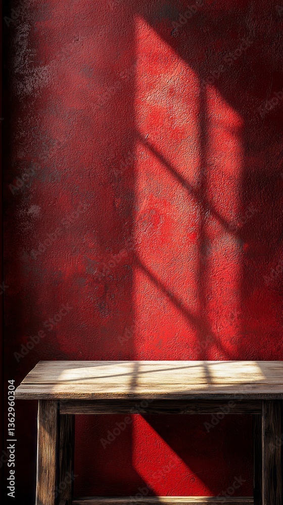 Poster Warm sunlight filters through a window, creating a play of shadows on a simple wooden table. The backdrop features a striking red wall that adds depth and warmth to the ambiance