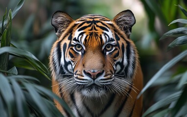 Fototapeta premium Magnificent tiger peering through lush green foliage. Its intense gaze and striking stripes create a powerful image.