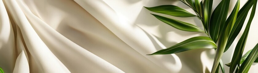 Obraz premium A close-up view of a soft, white cloth elegantly draped, adorned with vibrant green leaves scattered across its surface, creating a fresh and natural aesthetic.