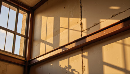 Obraz premium Abandoned industrial room with broken windows and harsh sunlight – junkyard concept