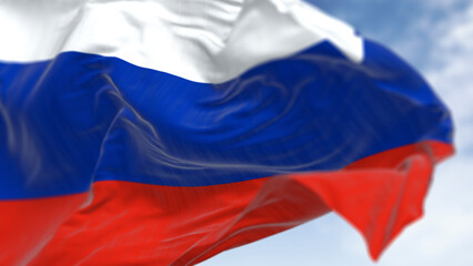 Close-up of Russia flag waving in the wind on a clear day