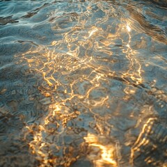 A close-up view of shimmering water, reflecting sunlight, with gentle ripples. In the background, a small boat glides smoothly across the surface, framed by a serene landscape.