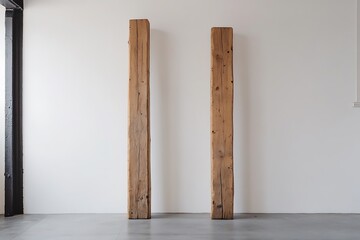 Two large wooden beams standing upright against white wall in minimalist room