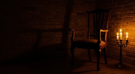 A dimly lit room featuring an antique chair beside flickering candles casting shadows on the wall - antique chair styles images