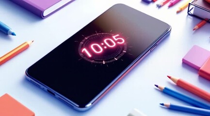 Smartphone displaying time, school supplies, education concept - Powered by Adobe