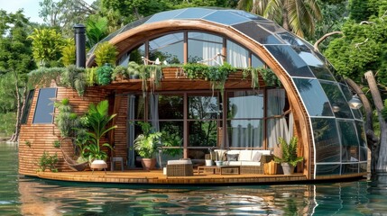 Futuristic eco-home with curved architecture, incorporating solar power and greenery, advanced floating residence, sustainable living solution, renewable energy technology, modern water-based.