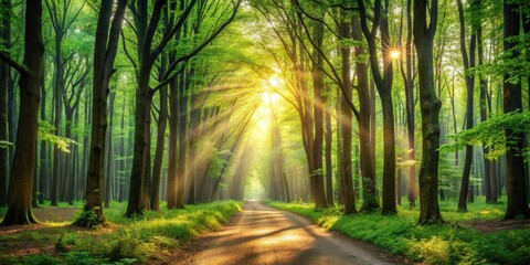 Fototapeta premium Sunbeams Illuminate a Path Through a Lush Green Forest