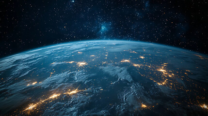 Obraz premium stunning view of planet Earth from space showing illuminated cities across continents under a star-filled sky with visible clouds and the planet’s blue curvature