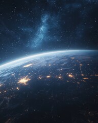 Obraz premium Breathtaking orbital view of Earth at night revealing city lights and the Milky Way galaxy above in space