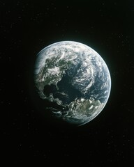 Fototapeta premium Earth from space showing continents and oceans with clouds in a dark star filled background cosmic view
