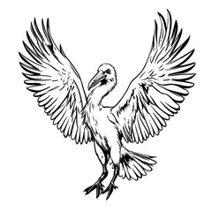 Obraz premium The image presents a detailed black and white illustration of a bird with its wings fully extended, showcasing a dramatic pose. The bird has intricately designed feathers and a strong stance, which co