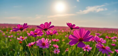 Fototapeta premium Vibrant cosmos flowers swaying gently in a vast field under a bright sun, pretty, vibrant